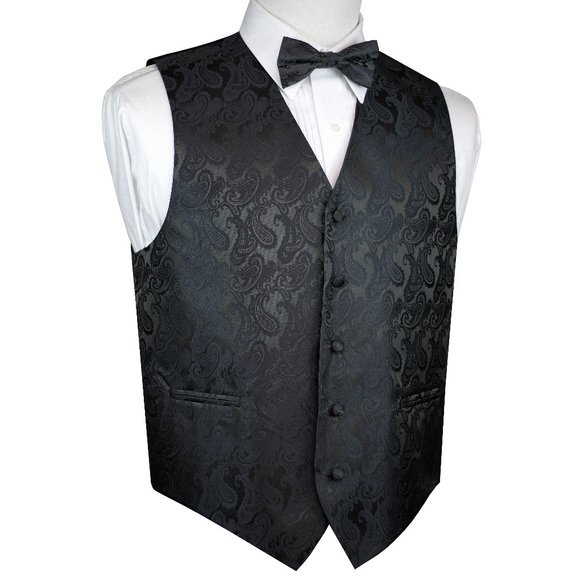 Men's Formal Wedding Prom Tuxedo Vest Bow-Tie & Hankie set - Charcoal Paisley - Picture 1 of 3
